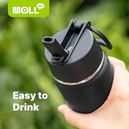 Kids Water Bottle with Straw-16 oz Stainless Steel Double Wall Vacuum Insulated Wide Mouth Water Bottle for Bakc School, Travel Leak-Proof Metal Water Flask (Black) - color: Black, size: 16 Ounces
