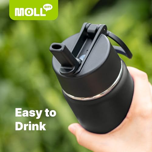 Kids Water Bottle with Straw-16 oz Stainless Steel Double Wall Vacuum Insulated Wide Mouth Water Bottle for Bakc School, Travel Leak-Proof Metal Water Flask (Black) - color: Black, size: 16 Ounces