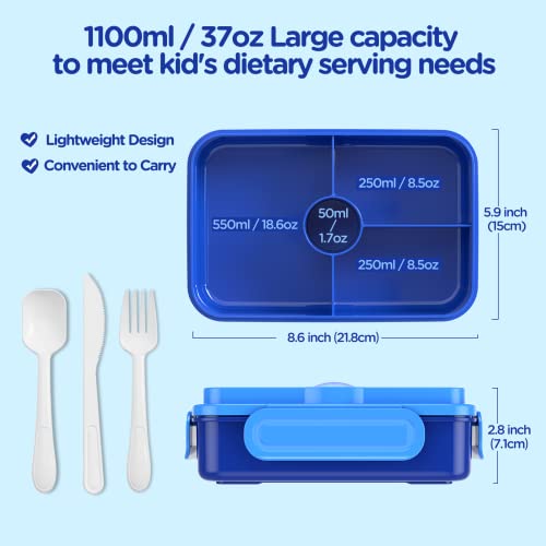 Jelife Bento Lunch Box for Kids - Leakproof Large Bento-Style with 4 Compartments Portions Lunchbox with Tableware Back to School, Reusable On-the-Go Meal and Snack Packing, Blue - color: 1100ml-Blue
