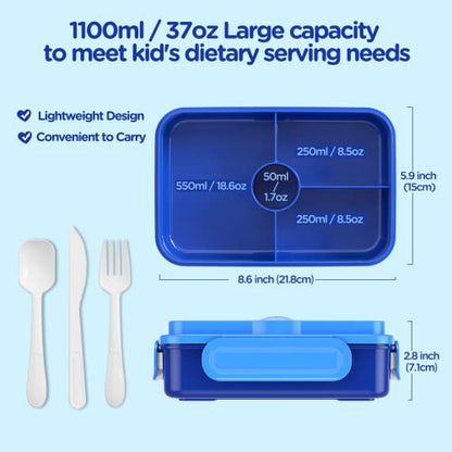 Jelife Bento Lunch Box for Kids - Leakproof Large Bento-Style with 4 Compartments Portions Lunchbox with Tableware Back to School, Reusable On-the-Go Meal and Snack Packing, Blue - color: 1100ml-Blue