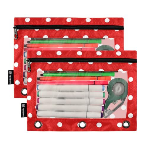 Binder Pencil Pouch for 3 Ring Binder Pencil Case Bags Red Polka Dot with Zipper Clear Window 2 Pack - color: Red Polka Dot