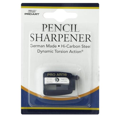 Pro Art Soft Lead Pencil Sharpener – Handheld Sharpener for Charcoal & Graphite, Plastic Body, Hi-Carbon Steel Blade, with Cleaning Stick, .88"x 1.25" Compact Size