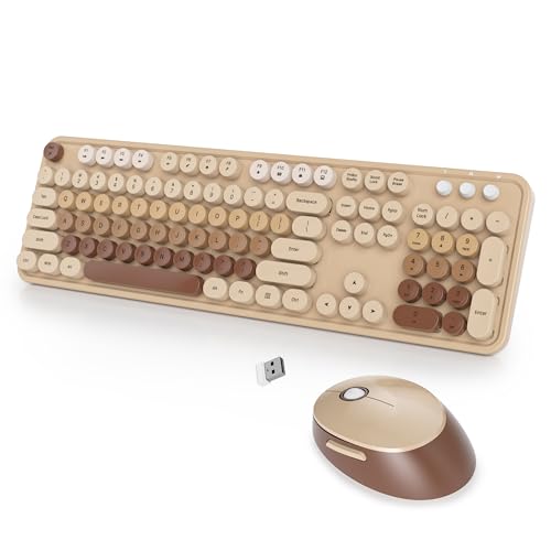 Wireless Keyboard and Mouse Set, Retro Typewriter Keyboard, 2.4GHz Full Size 104-Key Cute Keyboard with Number Pad, Colorful Keyboard with Round Keycaps for Windows PC Laptop(Coffee) - color: Coffee