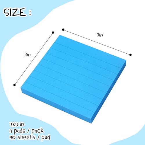 Lined Sticky Notes 3x3 in, Self-Adhesive, 4 Pads, 90 Sheets/Pad (Blue) | Strong Self-Adhesive Backing, Sticks Firmly and Removes Cleanly - color: Blue