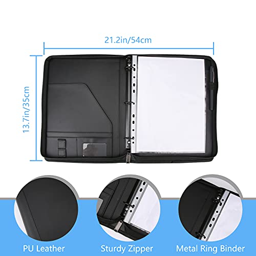 Zippered Portfolio 3 Ring Binder with 8 Pockes, Leather Business Padfolio with Zipper, A4 Document Binder Organizer for School Office