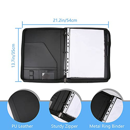 Zippered Portfolio 3 Ring Binder with 8 Pockes, Leather Business Padfolio with Zipper, A4 Document Binder Organizer for School Office