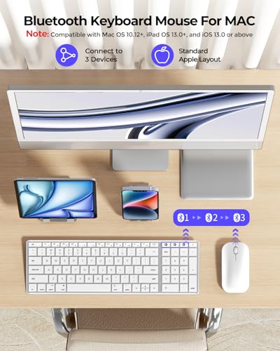 seenda SKM64-2 Bluetooth Keyboard and Mouse Combo for Mac, MacBook and iPad | 3-device Bluetooth switching, rechargeable, quiet keys/clicks, compact slim design for office and home use, White & Silver - color: White & Silver