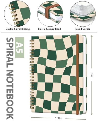 Spiral Journal Notebook for Women, Hardcover A5 College Ruled Notebook, 60 Sheet, Thick Paper, Cute Lined Journal for School, Office & Work, 6 x 8.4 in(Green Checkered) - color: Green Checkered