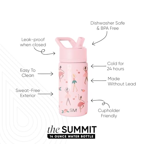 Simple Modern Kids Water Bottle with Straw Lid | 14oz Insulated Stainless Steel Kids Tumbler & Spill Proof Toddler Cup for School, Girls, Boys | Summit | Pink Ballerina - color: -Pink Ballerina, size: 14 Ounces