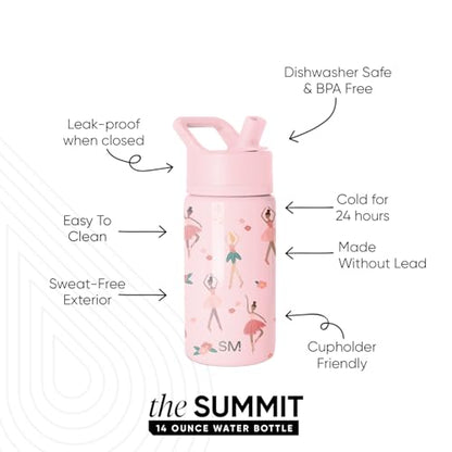 Simple Modern Kids Water Bottle with Straw Lid | 14oz Insulated Stainless Steel Kids Tumbler & Spill Proof Toddler Cup for School, Girls, Boys | Summit | Pink Ballerina - color: -Pink Ballerina, size: 14 Ounces