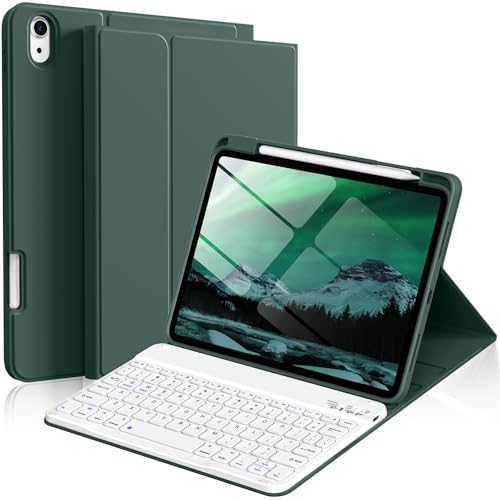 kenke for iPad 11/10th Gen Case with Keyboard 11/10.9 inch 2025 A16/2022, Detachable Folio Wireless Bluetooth Keyboard Case with Bulit-in Pencil Holder, White Square Keycaps (Dark Green) - color: Dark Green