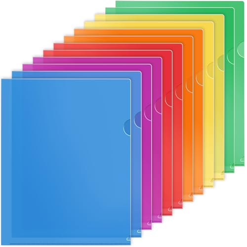 KTRIO Clear Plastic Folders Project Pockets for 8.5x11 Document, 12 Pack | Heavy-Duty Paper Sleeves in 6 Bright Colors, Fits Letter Size (Not A4), L-Shaped Design with Thumb Notch for Easy Access - color: 6 Bright Colors, size: 12 Pack