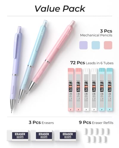 Nicpro 3PCS Cute Mechanical Pencil Set with Case, 0.7 mm Pencils with 6 Tube HB Lead Refill, 3PCS Eraser, 9PCS Eraser Refill for School Supplies Student Writing, Drafting Drawing Sketching - style: 3 Pack (0.7mm)