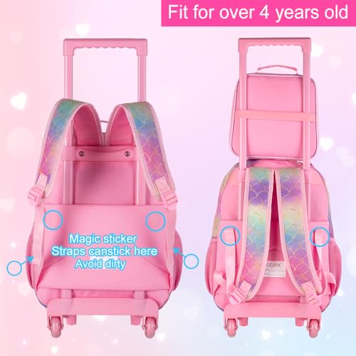 HPJGD 3PCS Mermaid Rolling Backpack for Girls, Kids School Backpacks with Wheels, Water Resistant UV Printed Roller Wheeled Bookbag Set with Lunch Box - color: 3PCS Mermaid Rolling Backpack