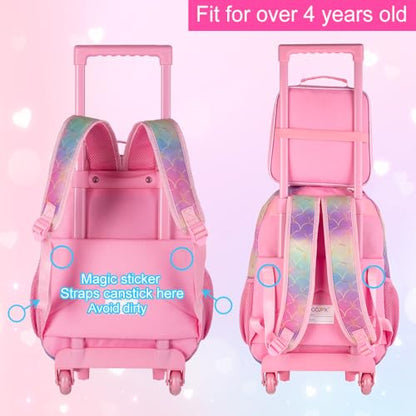 HPJGD 3PCS Mermaid Rolling Backpack for Girls, Kids School Backpacks with Wheels, Water Resistant UV Printed Roller Wheeled Bookbag Set with Lunch Box - color: 3PCS Mermaid Rolling Backpack