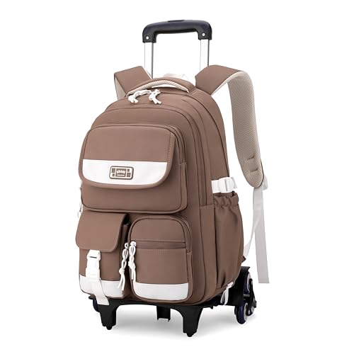 Kids Rolling Backpack for Girls, Boys Roller Backpack with Wheels, Solid-color Trolley Bags Wheeled School Bookbag on 6 Wheels - Brown - color: 6 Wheels-brown