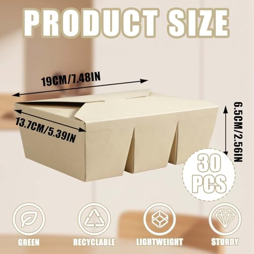 30 Pack Take Out Food Containers, 3-Compartment 7.5x5.4x2.6" Bamboo Pulp Paper Take Out Boxes, Disposable To Go Container Take Out Containers, Greaseproof Paper Bento Box Takeout Lunch Boxes with Lid - color: Bamboo Paper Color-Snap
