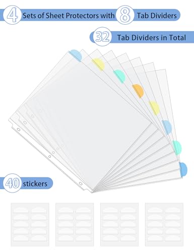 32 Pcs Clear Sheet Protectors with Tabs for 3 Ring Binder, Binder Dividers with 8 Tabs, Clear Plastic Notebook Page Dividers with Pockets, 4 Sets
