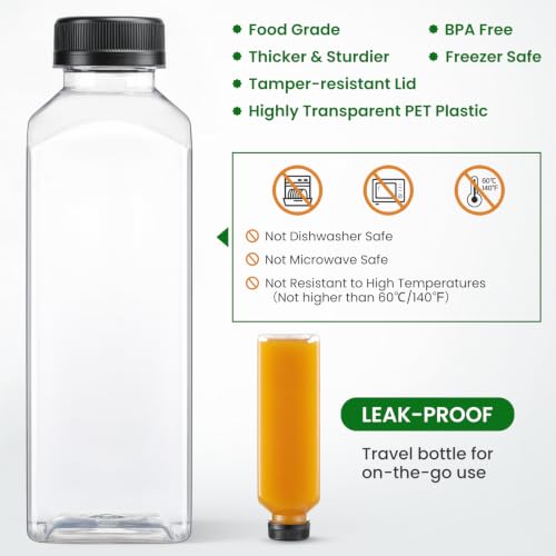 24 PACK, 16 OZ Reusable Thicker Plastic Juice Bottles with Caps, Leakproof | Plus 24 Labels & 2 Funnels, Clear Juicing Bottles for Juice, Smoothies, Ginger, Tea, Coffee -Food Grade & Travel & Freezable - size: 16oz