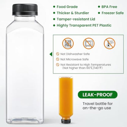 24 PACK, 16 OZ Reusable Thicker Plastic Juice Bottles with Caps, Leakproof | Plus 24 Labels & 2 Funnels, Clear Juicing Bottles for Juice, Smoothies, Ginger, Tea, Coffee -Food Grade & Travel & Freezable - size: 16oz
