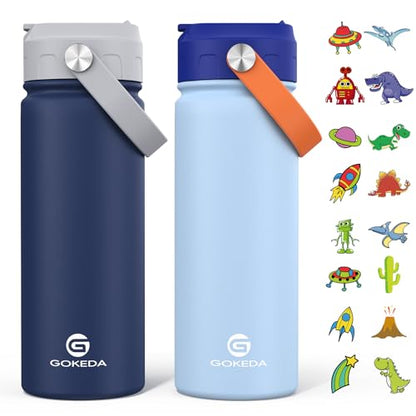 GoKEDA 18oz Kids Water Bottle, 2 Pack Stainless Steel Straw Cup - color: Light Blue+Sapphire Blue