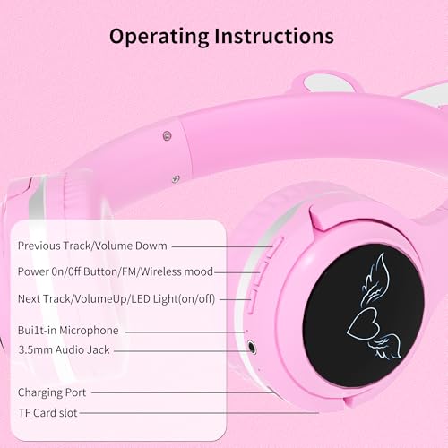 Kids Wireless Headphones with 7-Color RGB LED Lights, Long Playtime, Ultra-Soft Over-Ear for School Travel, Pink Butterfly Wings - color: Pink