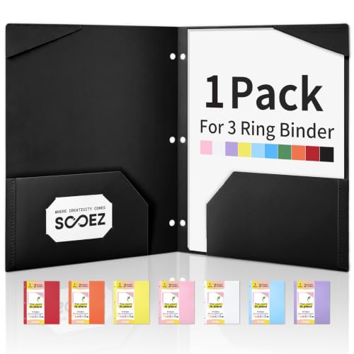 Sooez 2-Pocket Folders, Plastic Folders with Pockets 3 Hole Punched | 1 Pack Pockets Folder for 3 Ring Binder with Labels, Heavy Duty Binder Folder for Document, Letter Size File Folder,Black - color: Black, size: 1 Pack