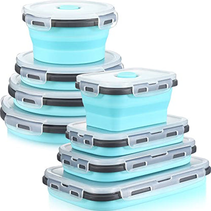 Mimorou 8 Pcs Collapsible Food Storage Containers Foldable Silicone Lunch Containers with Lids 4 Silicone Rectangle Collapsible Bowls and 4 Round Food Bowls Microwave Freezer Dishwasher Safe (Blue) - color: Blue
