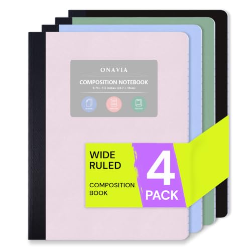 ONAVIA Plastic Composition Notebook Wide Ruled 4 Pack, 160 Pages, Assorted | 80 ct, 9.75 x 7.5 in, Poly Comp Books, Waterproof, Durable, Sewn Binding, School Notebooks, Students, Note Taking - color: Muti-Colors, style: 4 Pack