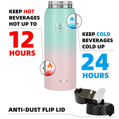 Fanhaw 24 Oz Kids Insulated Stainless Steel Water Bottle with Straw Lid, Leakproof & Anti-Dust Everyday Use Bottle for School, Women & Men, Back to School Essentials (Green Pink) - color: Green Pink, style: 24 Ounces