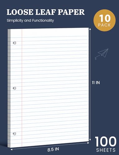 10 Pack Loose Leaf Paper 8.5 x 11, 1000 Sheets Lined Paper for 3 Ring Binders, Wide Ruled Notebook Paper, 3 Hole Punch Binder Paper, 100 Sheets/Pack Filler Paper for Office, School, and Home - style: 8.5x11-Wide Ruled-10 Pack (1000 Sheets)