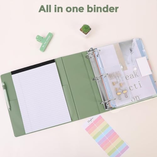SKYDUE 3 Ring Binder 3 Inch D Ringr with Clipboard, PU Heavy Duty Clipboard Binder with Notepad & 5 Dividers with 5 Pockets, Labels, Clipboard Folder Great for School Office - color: Olivegreen, size: Letter Size - 3 Inch