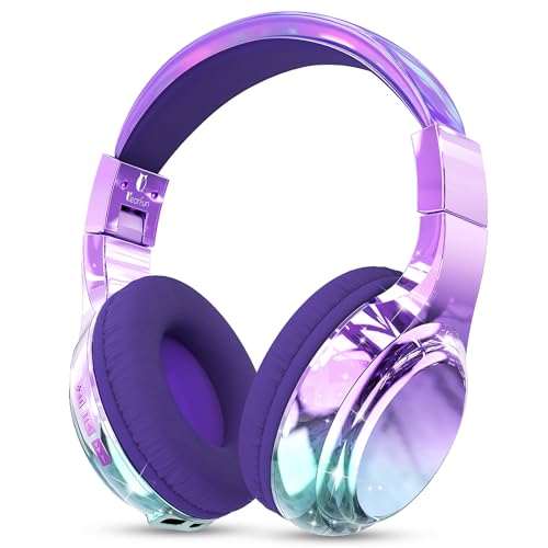 QearFun Kids Bluetooth Headphones, 60H Playtime, 74/85/94dB Safe Volume Limit, Metallic Gradient Wireless Headset with HD Mic, Fast Charging, Foldable, Wired 3.5mm Mode for School/Tablet/Travel - color: Purple