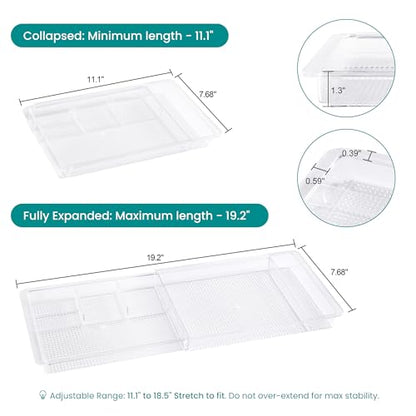 Oubonun Expandable Drawer Organizer 11.1” to 19.2” Width, Shallow Cosmetic Organizer 1.3” Height, 4 Packs, Clear Plastic Storage Trays for Dressing Table,Bathroom - style: Shallow 4 Packs
