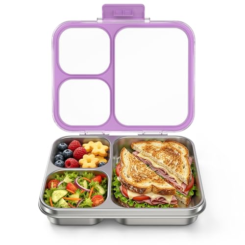HOMEKOL Stainless Steel Bento Lunch Box 3-Compartment, 4.2Cups, Purple | Leak-Proof Metal Lunch Container for Kids & Adults, BPA-Free, Dishwasher Safe, Clear Tritan Lid, 1000ml (Not Insulated) - color: Purple, size: 34oz (1000ml)