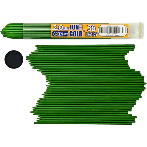 June Gold 36 Green (Parakeet #125) Colored 2.0 mm Refills, 90 mm Length | Bold Thickness for Heavy Use, Break / Smudge Resistant Lead, Travel Carrying Tube, Pre-Sharpened - color: Green (Parakeet #125)