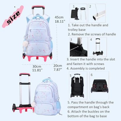 Pink Star Print Rolling Backpack for Girls Kids Backpack with Wheels Roller Bookbag Trolley School Bag Wheeled Bag - color: 2 Wheels 05 Pink, style: 2 Wheels