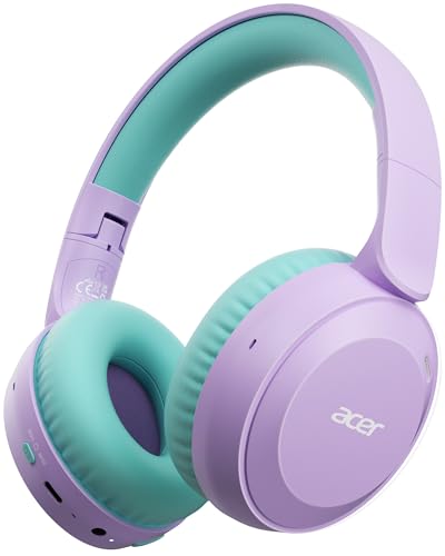 Acer Kids Bluetooth Headphones, 85/94dB Volume Limited, 60H Playtime, Bluetooth 6.0, Lightweight Over-Ear Wireless Headphones for Kids, Toddler Headphones with Built-in Mic, Purple-Green - color: Purple Green