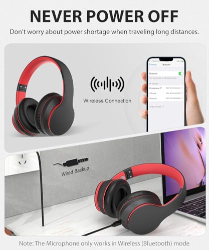 rockpapa E7 Over Ear Wireless Bluetooth Headphones with Mic, Foldable Wired/Wireless Headphones with Microphone for Kids Childrens Boys Girls Teen Youth Adult Black Red - color: Black Red, style: without Case