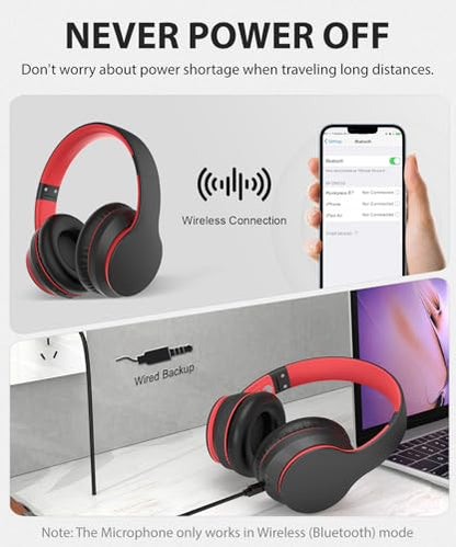 rockpapa E7 Over Ear Wireless Bluetooth Headphones with Mic, Foldable Wired/Wireless Headphones with Microphone for Kids Childrens Boys Girls Teen Youth Adult Black Red - color: Black Red, style: without Case