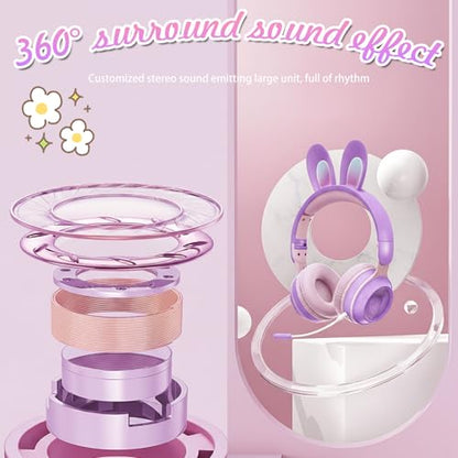 Rabbit Purple Cat Headphones Bluetooth, Noise Cancelling, LED, Mic | Delight your child with these stylish LED cat ear headphones premium noise cancellation, built-in mic, and wireless ease. - color: Rabbit Purple