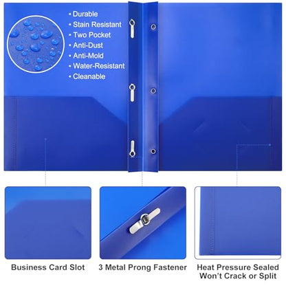 Cholemy 72 Packs Pocket Folders with Prongs Heavy Duty Plastic Folder with Business Card Slot 3 Prong Fasteners for School Office (Blue,Green) - color: Blue, Green