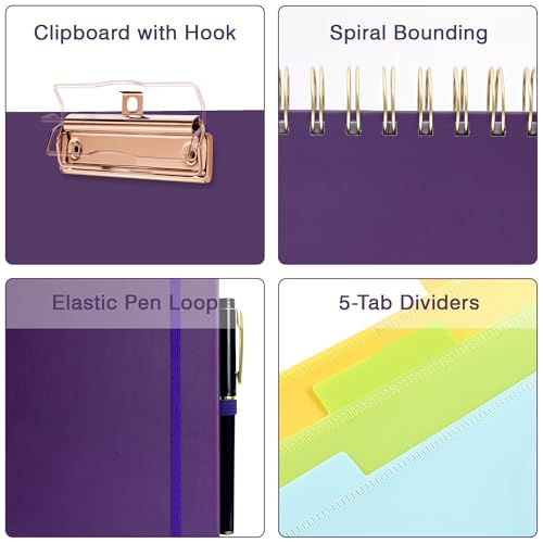 EYROZILL Spiral Notebook Clipboard with Removable Dividers Tabs, 5 Subject Notebook College Ruled, 8.5"x11" Hardcover Lined Journals with 12 Storage Pockets School Office Work Supplies