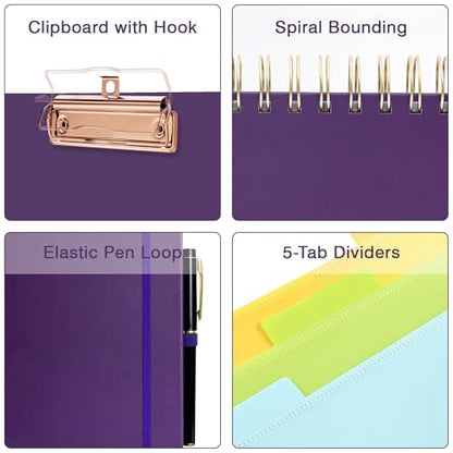EYROZILL Spiral Notebook Clipboard with Removable Dividers Tabs, 5 Subject Notebook College Ruled, 8.5"x11" Hardcover Lined Journals with 12 Storage Pockets School Office Work Supplies
