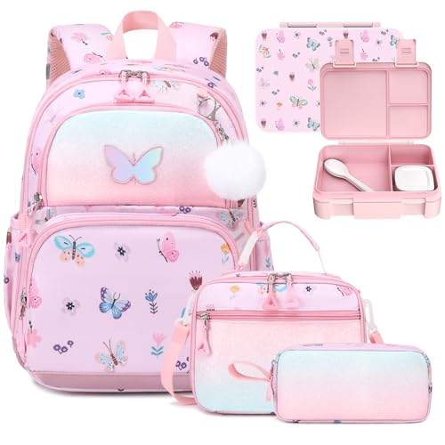 Kids Backpack for Girls - 4PCS Girls Backpack Bento Box with Lunch Bag & Utensils Set for Kids - 4 Leakproof Compartments Removable Tray Lunches or Snack Container for School - color: 4pcs C Pink Butterfly