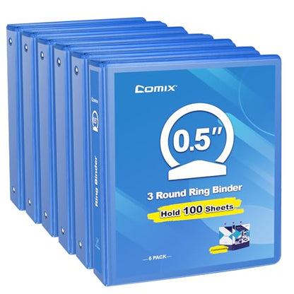 COMIX 3 Ring Binder 1/2 inch with Clear View Cover, 0.5" View Binder Holds 100 Sheets of US Letter Size Paper, 6 Pack (Light Blue) - color: Light Blue, size: 0.5 inch, style: 6-Pack