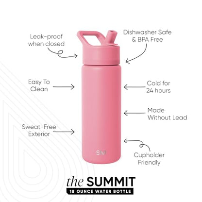 Simple Modern Kids Water Bottle with Straw Lid | Vacuum Insulated Stainless Steel Metal | Reusable Leak Proof BPA-Free Thermos for School | Summit Collection | 18oz, Velvet Pink - color: -Velvet Pink, style: 18oz