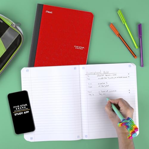 Five Star Composition Book + Study App, 4 Pack, Wide Ruled Paper, 7-1/2" x 9-3/4", 80 Sheets, Forest Green, Tidewater Blue, Fire Red and Harvest Yellow (950033B-ECM) - size: 4 Pack, style: Wide Ruled