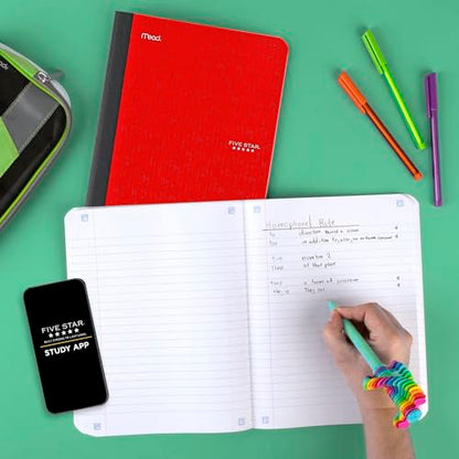 Five Star Composition Book + Study App, 4 Pack, Wide Ruled Paper, 7-1/2" x 9-3/4", 80 Sheets, Forest Green, Tidewater Blue, Fire Red and Harvest Yellow (950033B-ECM) - size: 4 Pack, style: Wide Ruled