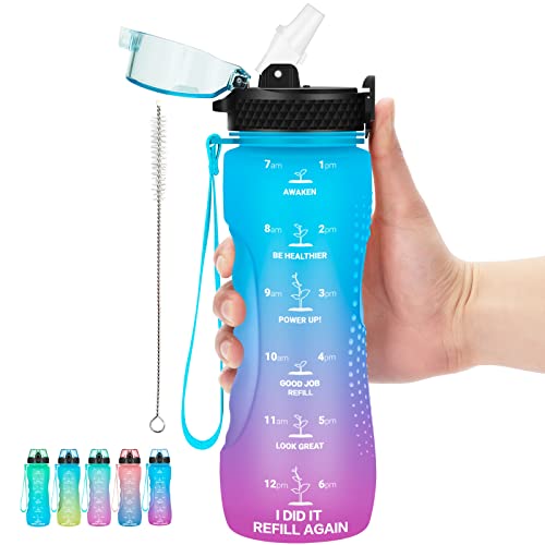 24 OZ Motivational Kids Water Bottle With Time Marker,Straw Lid,Leak Proof, Tritan BPA Free Sports Water Bottle Blue Purple (1 Lid) - color: Blue Purple